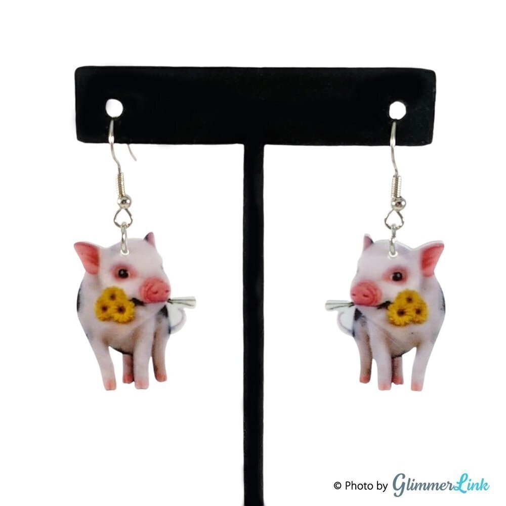 Pig Daisy Acrylic Dangle Earrings Cute Animal Jewelry
